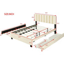 Queen Size Upholstered Platform Bed with 2 Drawers and 1 Trundle, Classic Metal Strip Headboard Design, Beige
