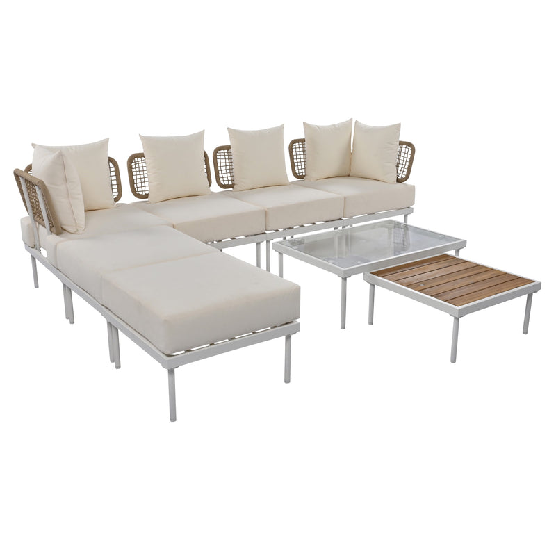 Walker Edison - 8-Piece Patio Sectional Sofa Set with Tempered Glass Coffee Table and Wooden Coffee Table for Outdoor Oasis, Garden, Patio and Poolside (Beige Cushion + White Steel)