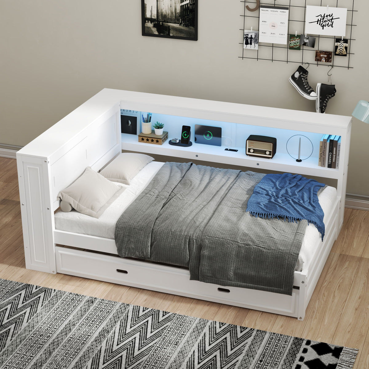 Daybed With Storage Shelves, LED, USB, And Trundle, photo 13 of 14