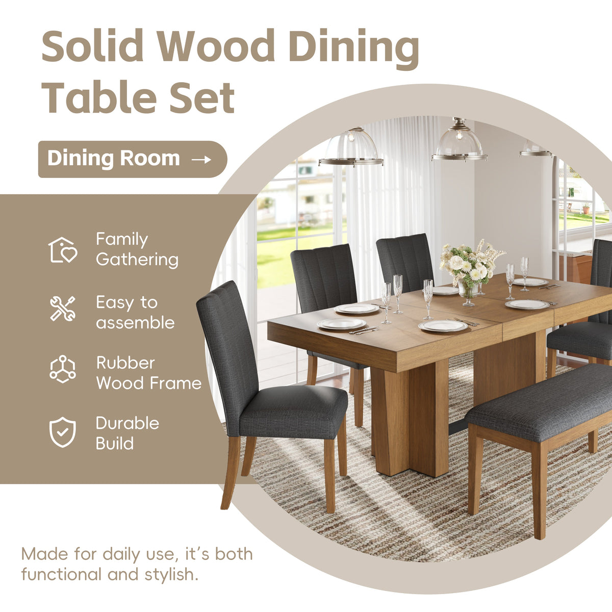 TOPMAX Farmhouse Extendable Wood Dining Table Set for 6, photo 7 of 10
