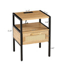 15.75" Rattan End table with Power Outlet & USB Ports, Modern nightstand with drawer and metal legs, side table for living room, bedroom,natural(1 PC)