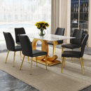 A modern minimalist rectangular dining table suitable for 6-8 people, a set of 6-piece PU leather backrest and gold metal legs modern dining chairs. F-OC
