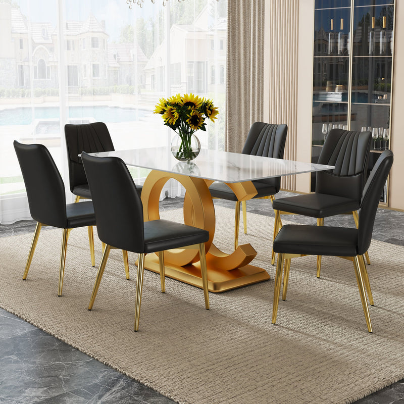 A modern minimalist rectangular dining table suitable for 6-8 people, a set of 6-piece PU leather backrest and gold metal legs modern dining chairs. F-OC