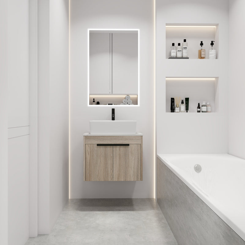 24" Modern Design Float Bathroom Vanity With Ceramic Basin Set, Wall Mounted White Oak Vanity With Soft Close Door, KD-PackingD-Packing Pieces