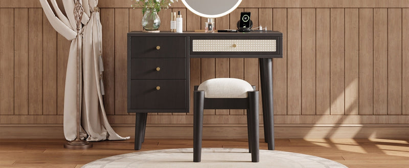 Walker Edison - 39" Retro Bohemian Style Wooden Makeup Vanity Set with Charging Plug&USB Port and Stool, Dressing Table with 3 Storage Drawers and 1 Rectangular Rattan Drawer, Black