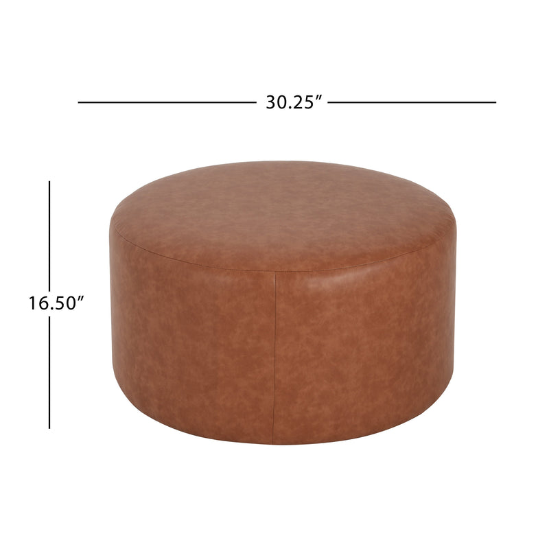 Upholstered Round Ottoman,PU Leather, Cognac Brown