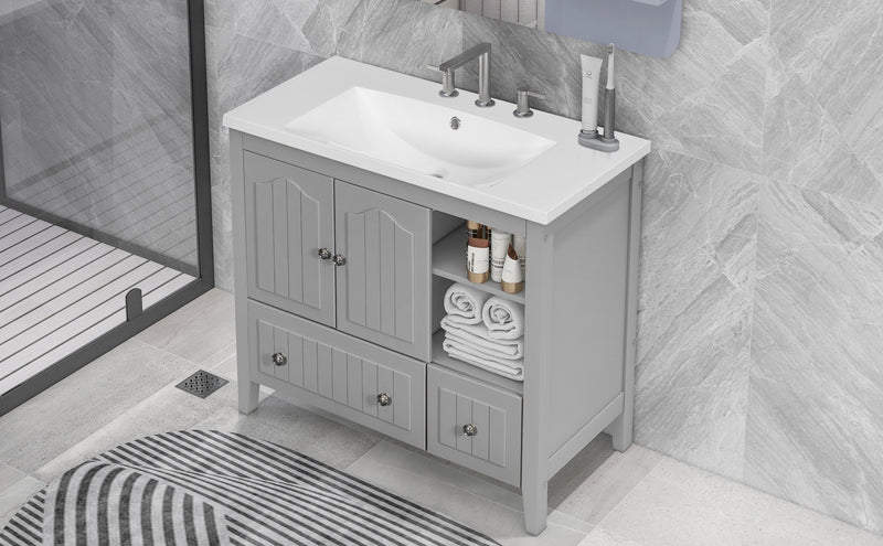 36" Bathroom Vanity with Ceramic Basin, Bathroom Storage Cabinet with Two Doors and Drawers, Solid Frame, Metal Handles, Grey