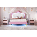 Twin Size Upholstered Bed Frame with LED Lights, Modern Upholstered Princess Bed With Crown Headboard,White+Pink
