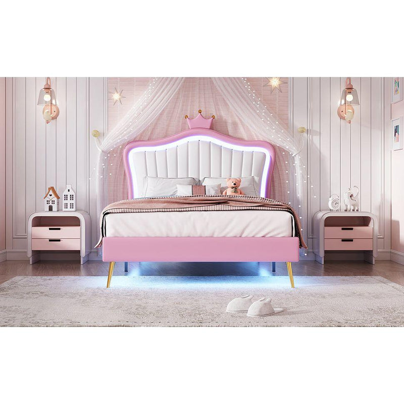 Twin Size Upholstered Bed Frame with LED Lights, Modern Upholstered Princess Bed With Crown Headboard,White+Pink