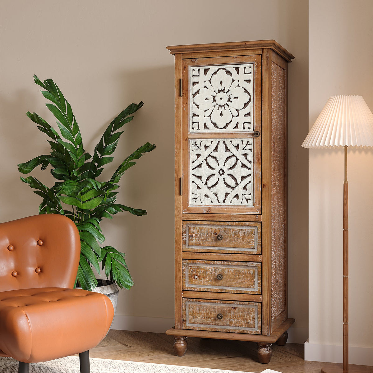 Rustic Wooden Storage Cabinet with Decorative Cutout Door & 3 Drawers, photo 3 of 10
