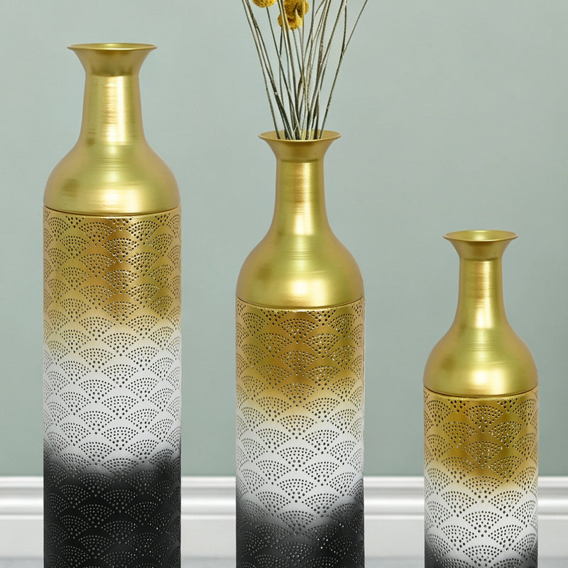 Decorative Metal Vases Set of 3, Leaf Pattern Floor Vases, photo 8 of 10
