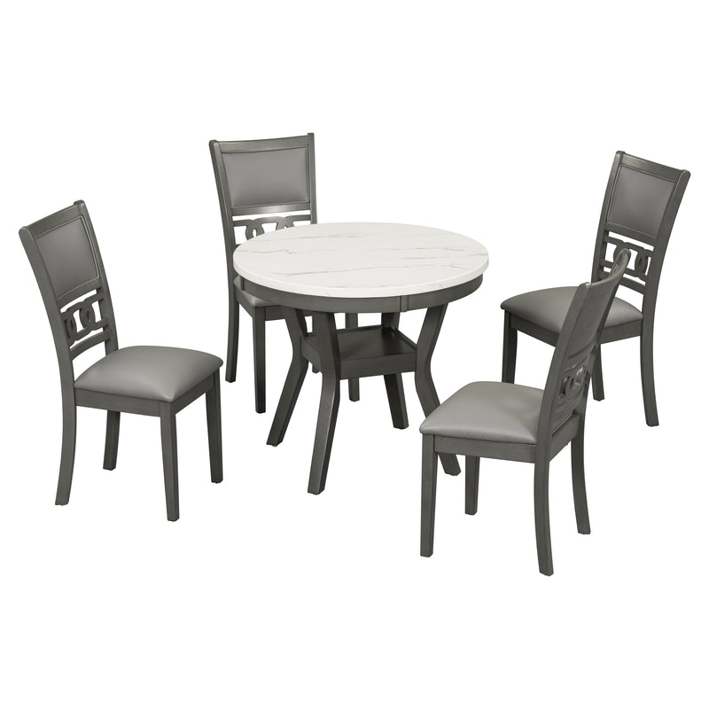 5-piece Dining Round Table Set with One Faux Marble Top Dining Table and Four PU-leather Chairs,Grey