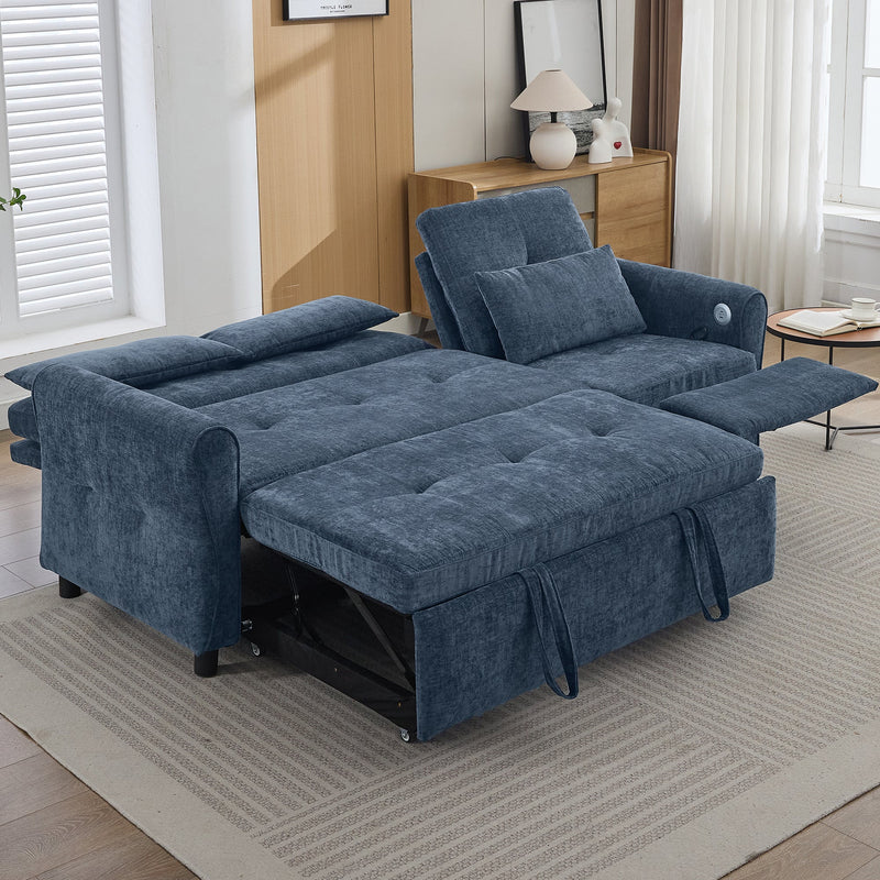 2-in-1 Sofa 82' Three-seater Sofa with Sofa Bed and Reversible Recliner, Blue Chenille