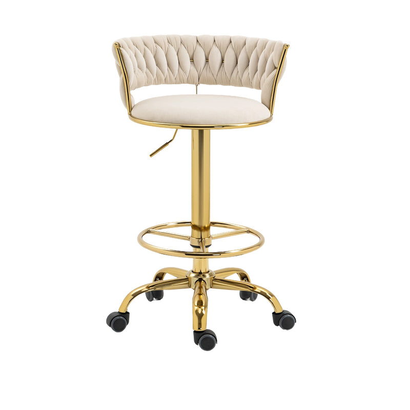 360 Adjustable Barstools Set of 2, Ergonomic Drafting Chair with Round Footrest and Backrest, Swivel Rolling Wheels for Spa, Studio, Classroom, Lab, Counter, Salon, Ivory