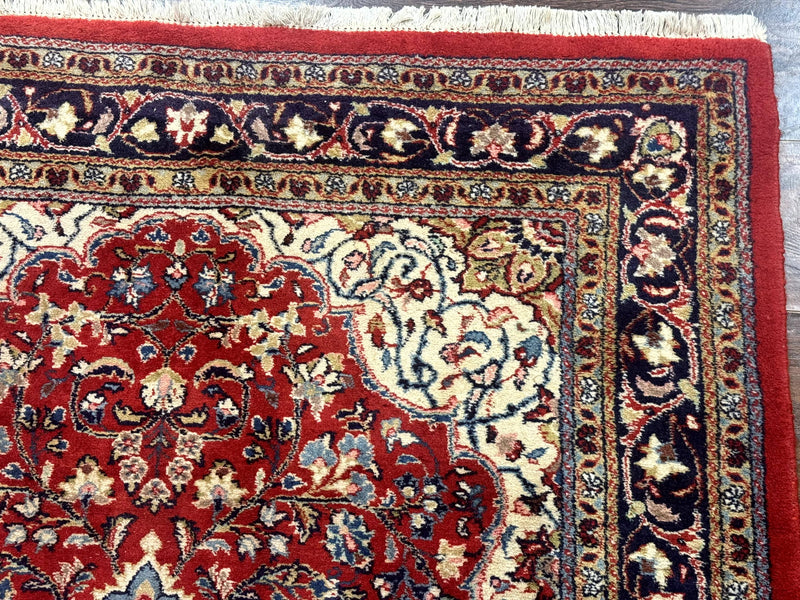 Persian Sarouk Rug 4x7, Red Navy Blue Vintage Wool Medallion Carpet
