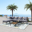 8-Piece Patio Sectional Sofa Set with Tempered Glass Coffee Table and Wooden Coffee Table for Outdoor Oasis, Garden, Patio and Poolside (Light Grey Cushion + Black Steel)