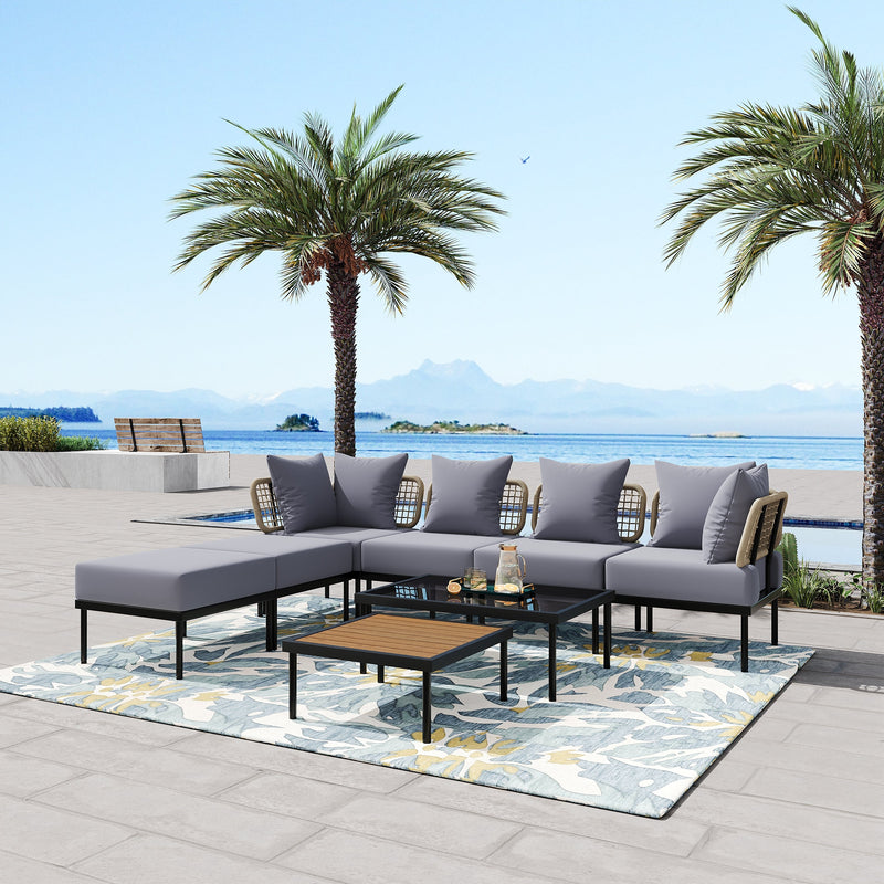 8-Piece Patio Sectional Sofa Set with Tempered Glass Coffee Table and Wooden Coffee Table for Outdoor Oasis, Garden, Patio and Poolside (Light Grey Cushion + Black Steel)