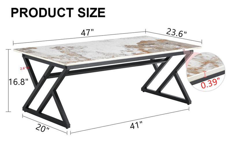 A modern minimalist style marble patterned coffee table with black metal legs. Computer desk. Game table. Tea table. CT-XX