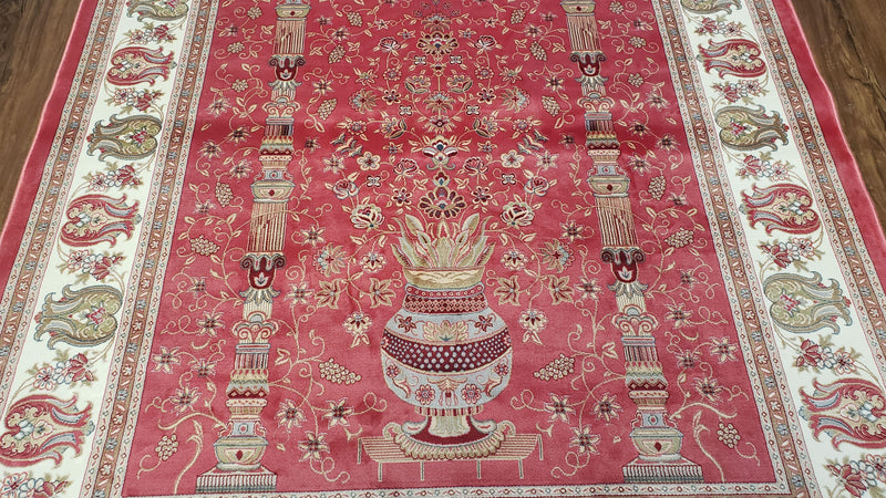 4 x 6 Silk Carpet Red, Traditional Oriental Rug 4x6, Flower Vase Columns, Turkish Rug New, High Quality, Bamboo Silk, Area Rug