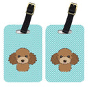 Checkerboard Blue Chocolate Brown Poodle Luggage Tag