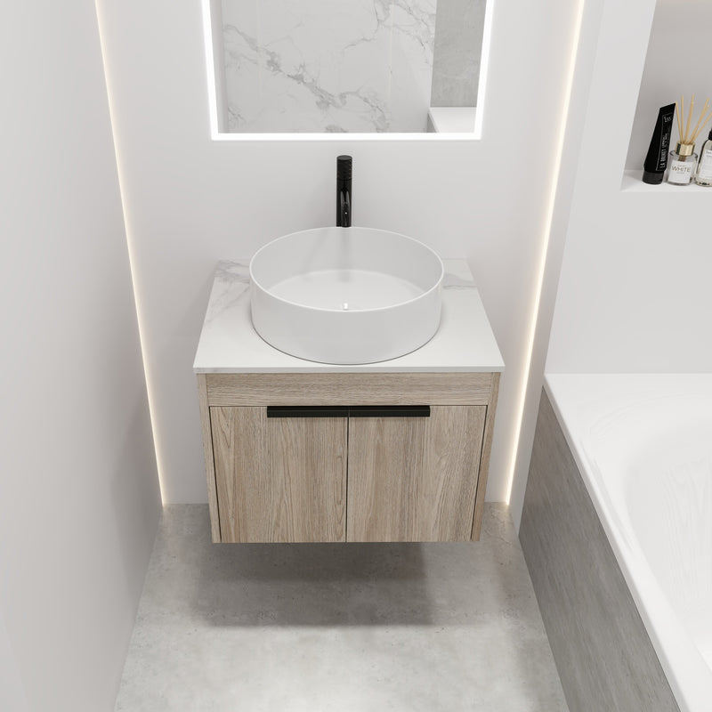 24 " Modern Design Float Bathroom Vanity With Ceramic Basin Set, Wall Mounted White Oak Vanity With Soft Close Door,KD-Packing,KD-Packing,2 Pieces Parcel(TOP
