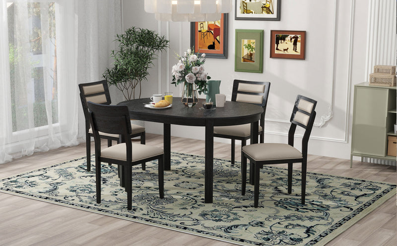 5-Piece Multifunctional Dining Table Set, Farmhouse Dining Set with Extendable Round Table,Two Small Drawers and 4 Upholstered Dining Chairs for Kitchen and Dining Room (Black)
