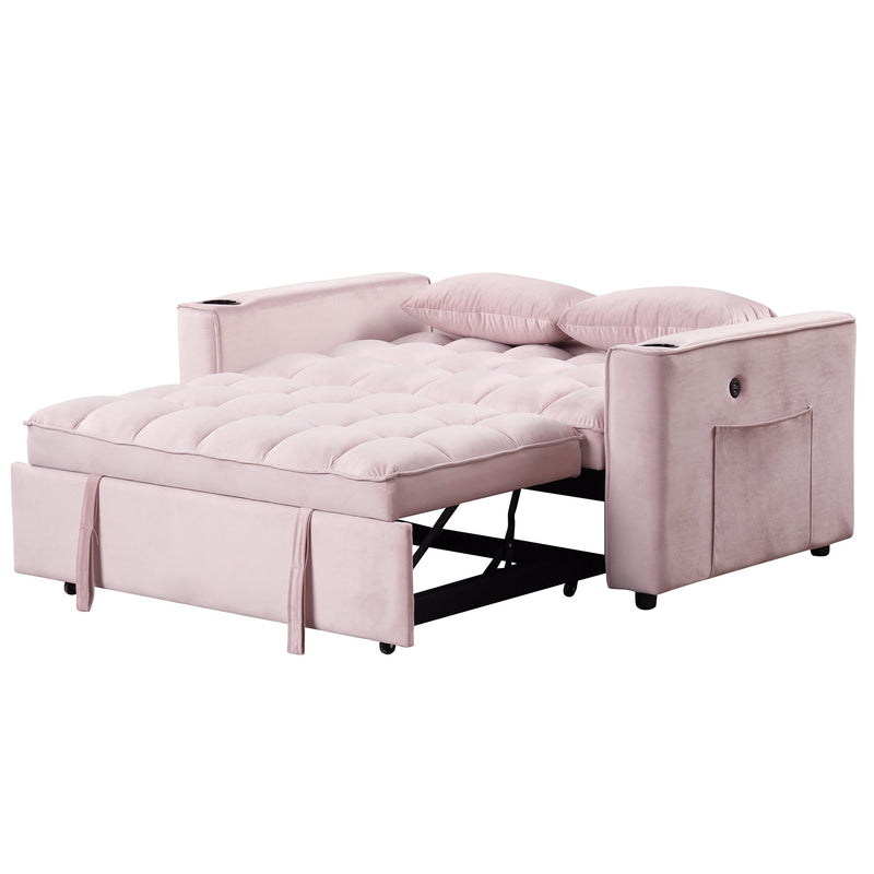 55.3" 4-1 Multi-functional Sofa Bed with Cup Holder and USB Port for Living Room or Apartments Pink
