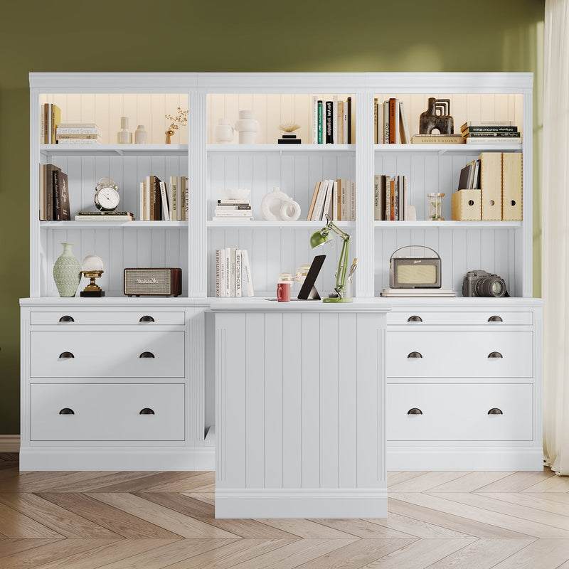 83.4"Tall 2 Bookshelf & 1 Writting Desk Suite,Modern Bookcase Suite with LED Lighting, Drawers,Study Desk and Open Shelves,3-Piece Set Storage Bookshelf for Living Room,Home Office,Study room,White