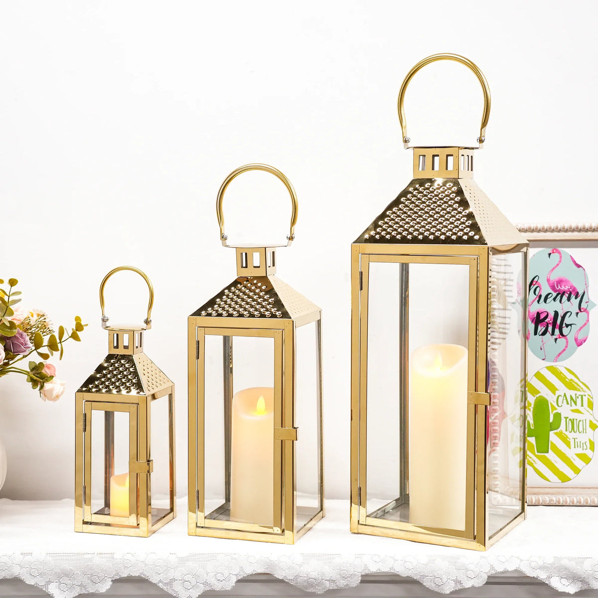 19.5"H Elegant Gold Stainless Steel Lantern, photo 7 of 8