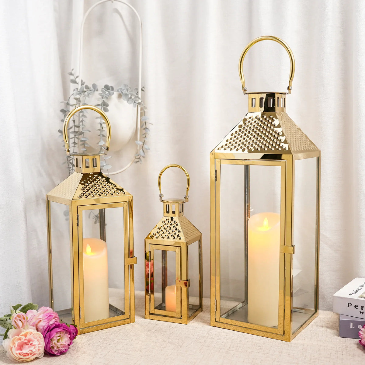19.5"H Elegant Gold Stainless Steel Lantern, photo 8 of 8