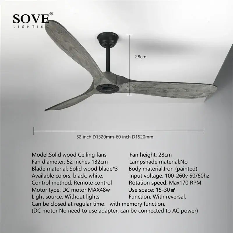 GobekUsa 60" Solid Wood DC Ceiling Fan with Remote Control, photo 3 of 12