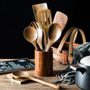 GobekUsa 9-Piece Wooden Cooking Utensils Set with Holder - Teak Kitchen Tools