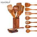GobekUsa 9-Piece Wooden Cooking Utensils Set with Holder - Teak Kitchen Tools