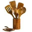 GobekUsa 9-Piece Wooden Cooking Utensils Set with Holder - Teak Kitchen Tools