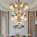 GobekUsa All Copper Jade Chandelier for Villa Living Room, Dining Room - Chinese Style Duplex Copper Lamp