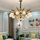 GobekUsa All Copper Jade Chandelier for Villa Living Room, Dining Room - Chinese Style Duplex Copper Lamp