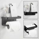 Matte black aluminum tissue holder with phone shelf bathroom rack by Decorbites