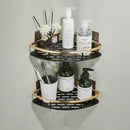 Gold & black aluminum corner bathroom shelf with towel hooks by Decorbites