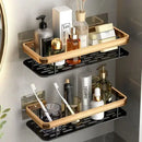 Gold & black aluminum corner bathroom shelf with towel hooks by Decorbites
