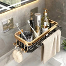 Gold & black aluminum corner bathroom shelf with towel hooks by Decorbites