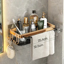 Gold & black aluminum corner bathroom shelf with towel hooks by Decorbites