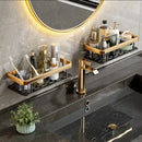 Gold & black aluminum corner bathroom shelf with towel hooks by Decorbites