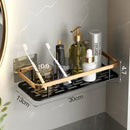 Gold & black aluminum corner bathroom shelf with towel hooks by Decorbites