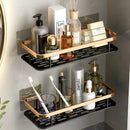 Gold & black aluminum corner bathroom shelf with towel hooks by Decorbites