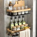Gold & black aluminum corner bathroom shelf with towel hooks by Decorbites