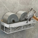 Silver two tier aluminum corner shelf bathroom storage with towel rack by Decorbites