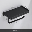 Black aluminum gray bathroom paper roll holder with phone shelf by Decorbites