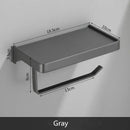 Black aluminum gray bathroom paper roll holder with phone shelf by Decorbites