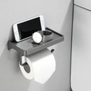 Black aluminum gray bathroom paper roll holder with phone shelf by Decorbites