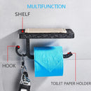 Ornate black metal toilet paper holder with phone shelf bathroom hook by Decorbites